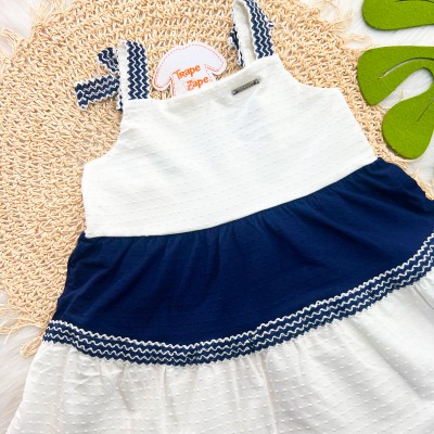 Vestido Ana Bola de Alcinha com Lacinho - Off White e Marinho